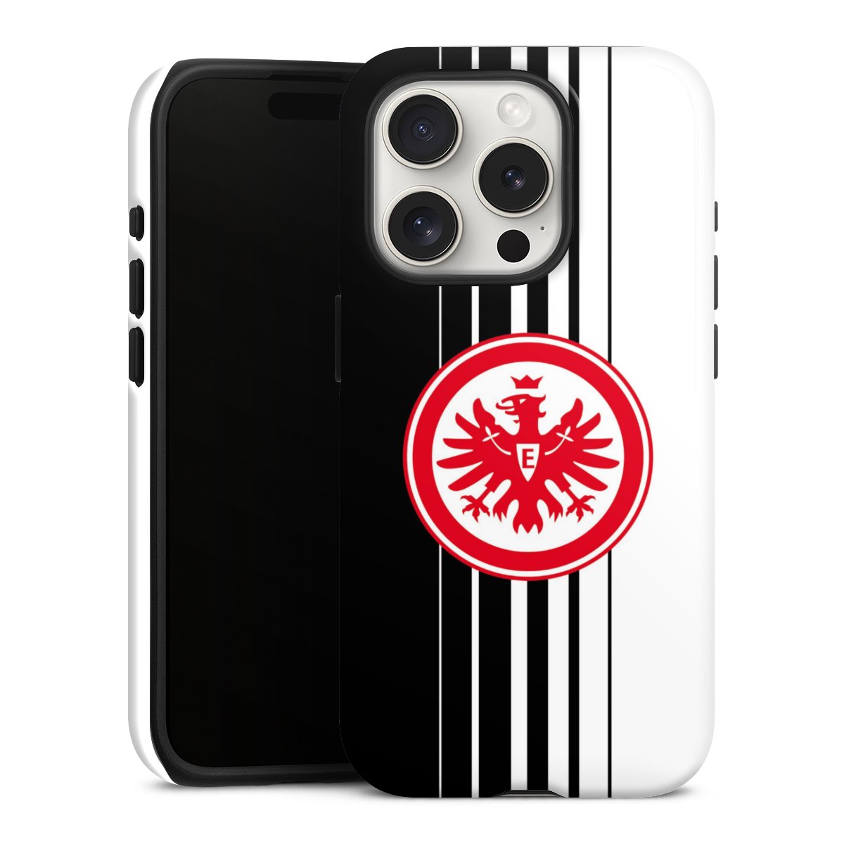 iPhone 15 Pro Handy Panzer Handyhülle robuste Outdoor Hülle Schutzhülle glänzend Stripes Eintracht Frankfurt Official Licensed Product Tough Case