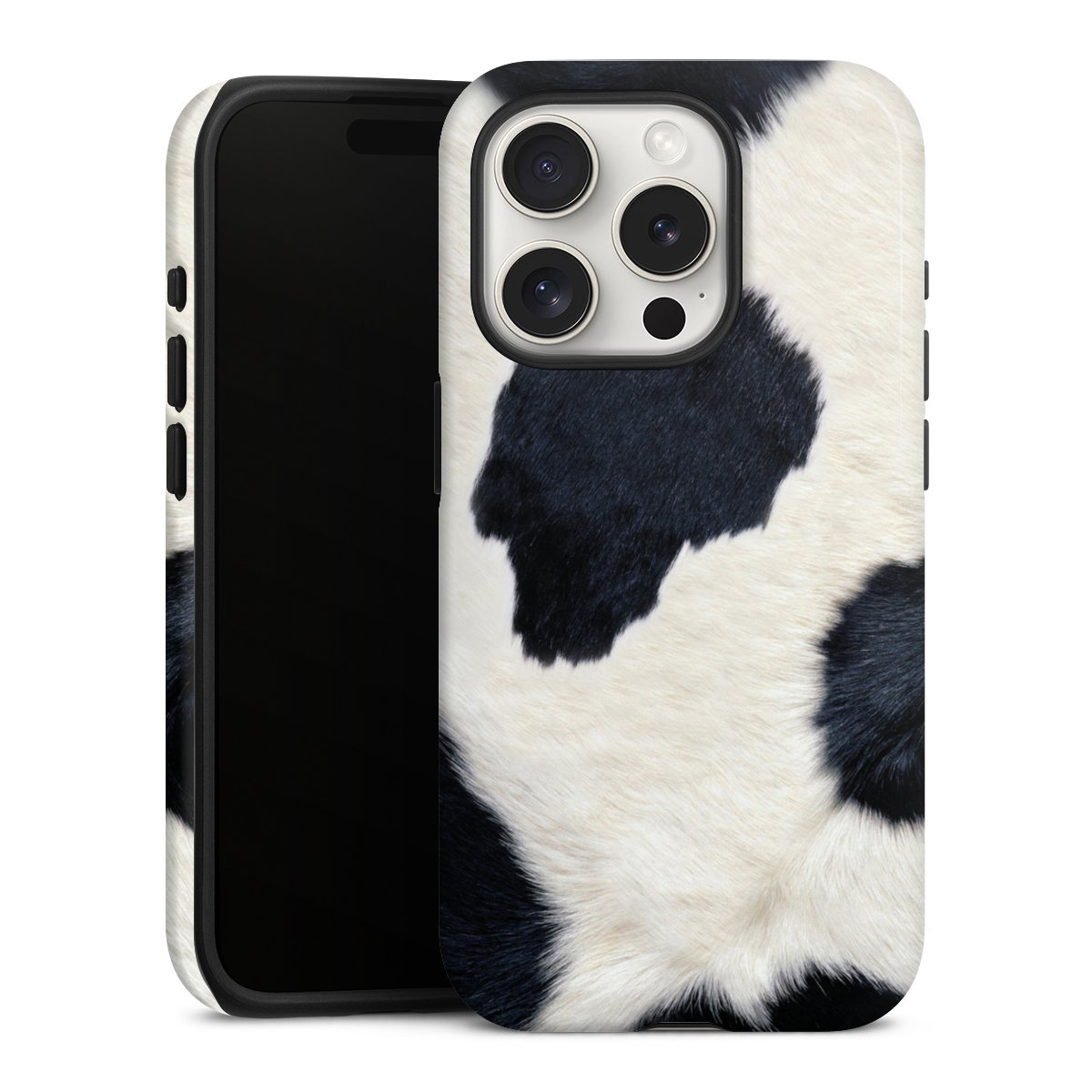 iPhone 15 Pro Handy Panzer Handyhülle robuste Outdoor Hülle Schutzhülle glänzend Animal Look Animal Print Cow Skin Tough Case