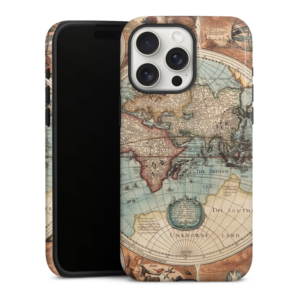 iPhone 15 Pro Max Handy Panzer Handyhülle robuste Outdoor Hülle Schutzhülle glänzend World Map Vintage Map Tough Case