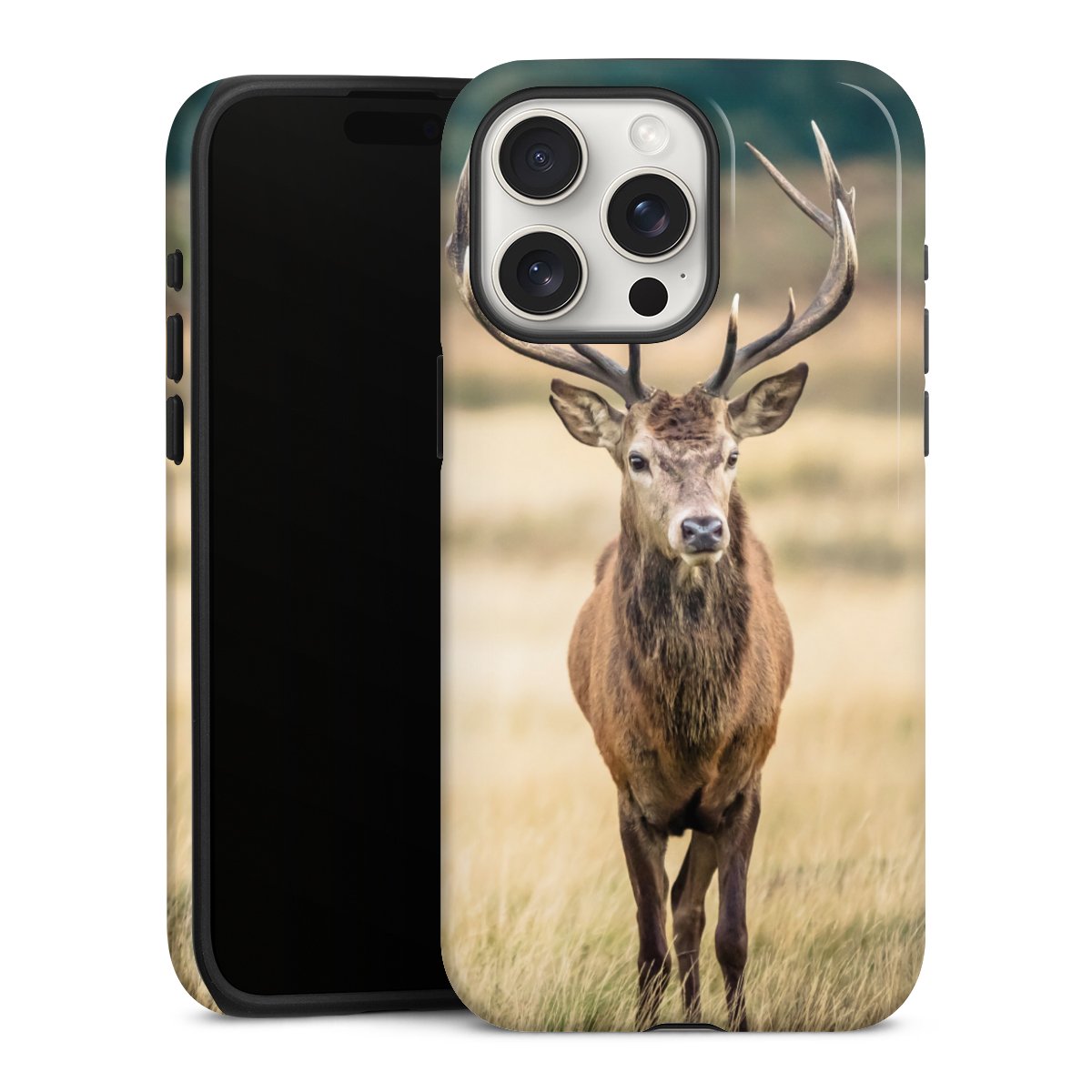 iPhone 15 Pro Max Handy Panzer Handyhülle robuste Outdoor Hülle Schutzhülle glänzend Deer Meadow Forrest Tough Case