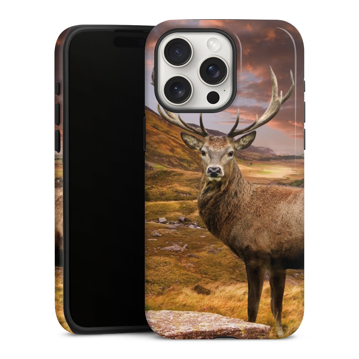 iPhone 15 Pro Max Handy Panzer Handyhülle robuste Outdoor Hülle Schutzhülle glänzend Meadow Mountain Deer Tough Case