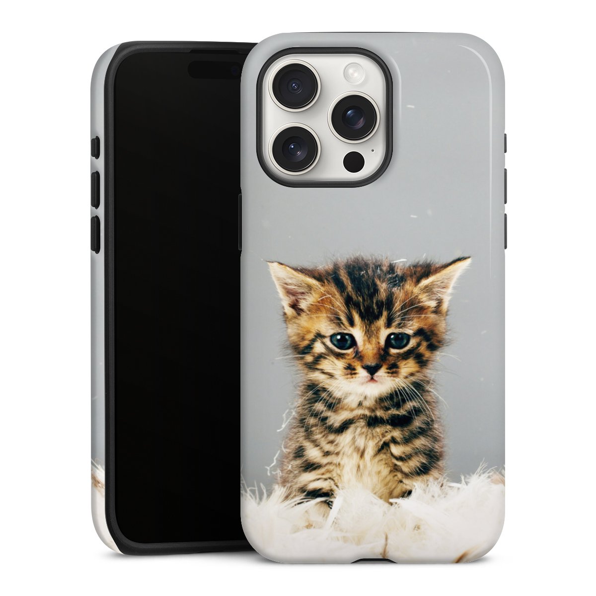 iPhone 15 Pro Max Handy Panzer Handyhülle robuste Outdoor Hülle Schutzhülle glänzend Cat Feather Pet Tough Case