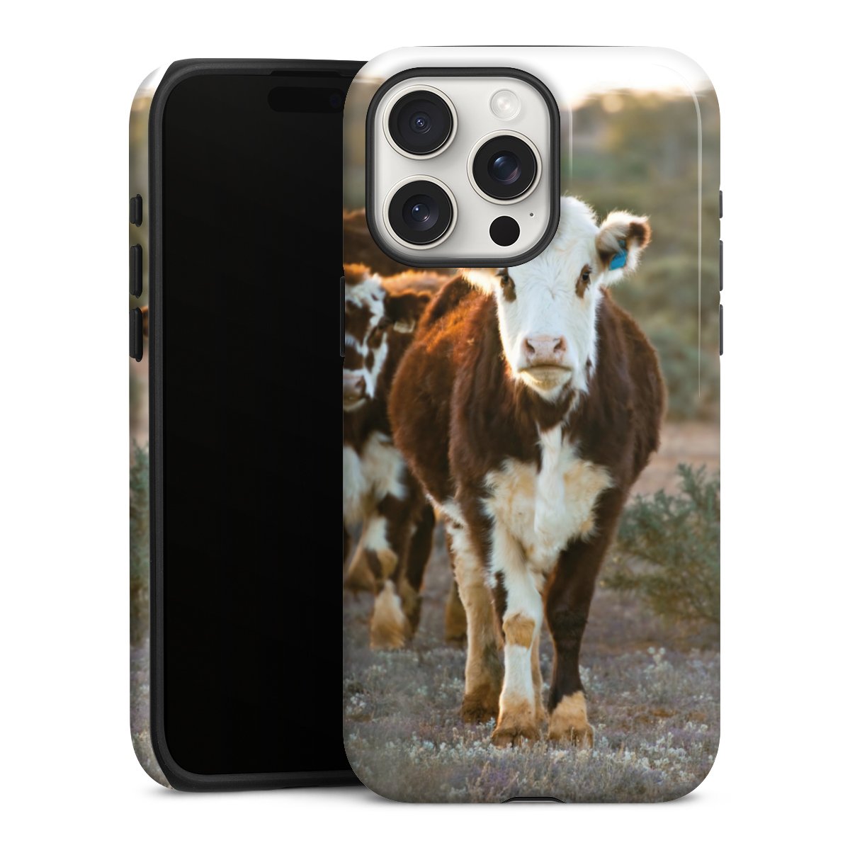 iPhone 15 Pro Max Handy Panzer Handyhülle robuste Outdoor Hülle Schutzhülle glänzend Cow Farmer Calf Tough Case