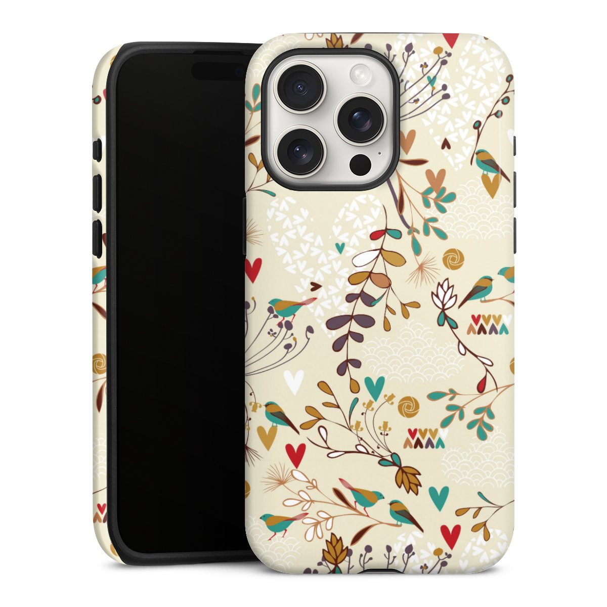 iPhone 15 Pro Max Handy Panzer Handyhülle robuste Outdoor Hülle Schutzhülle glänzend Bird Flowers Retro Tough Case