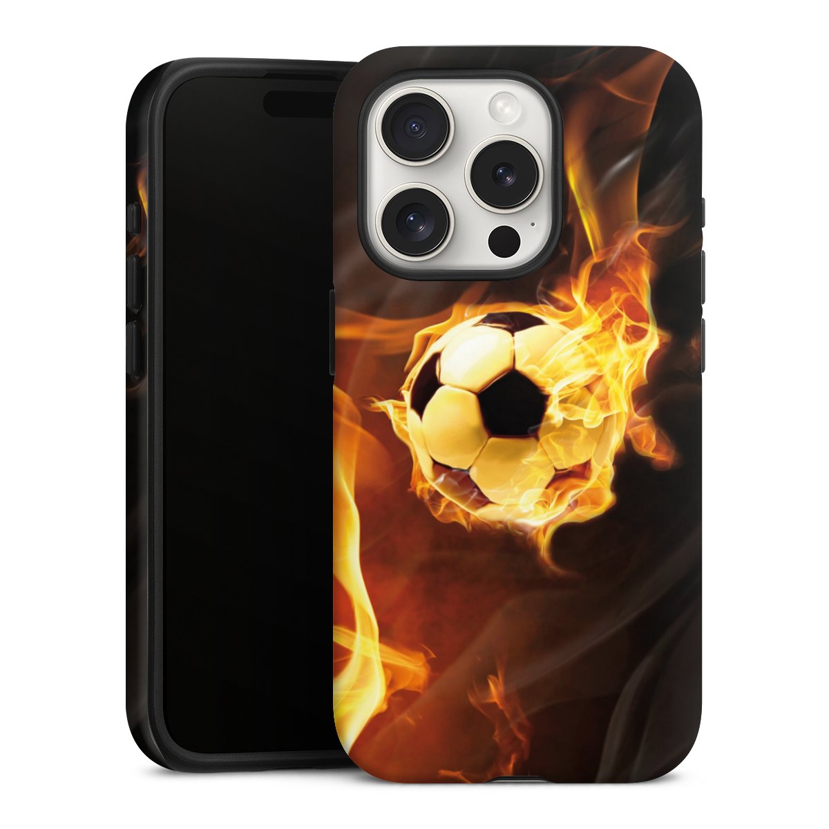 iPhone 15 Pro Handy Panzer Handyhülle robuste Outdoor Hülle Schutzhülle matt Ball Fire Soccer Tough Case