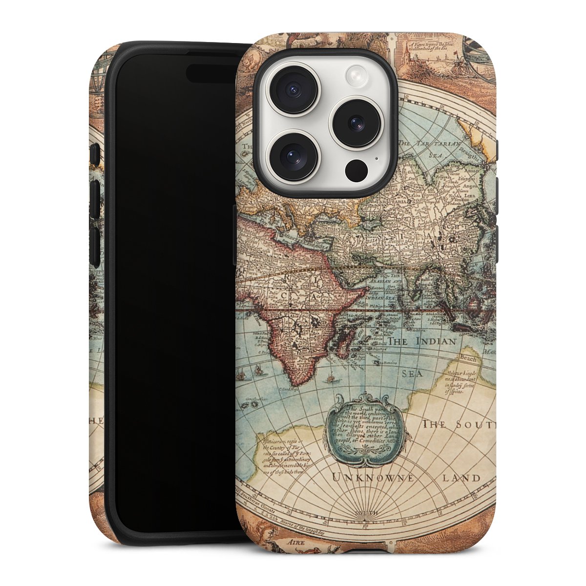 iPhone 15 Pro Handy Panzer Handyhülle robuste Outdoor Hülle Schutzhülle matt World Map Vintage Map Tough Case