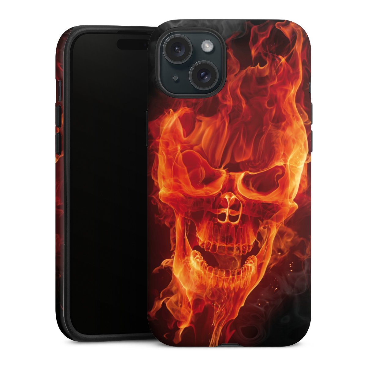 iPhone 15 Plus Handy Panzer Handyhülle robuste Outdoor Hülle Schutzhülle matt Totenkopf Skull Fire Tough Case