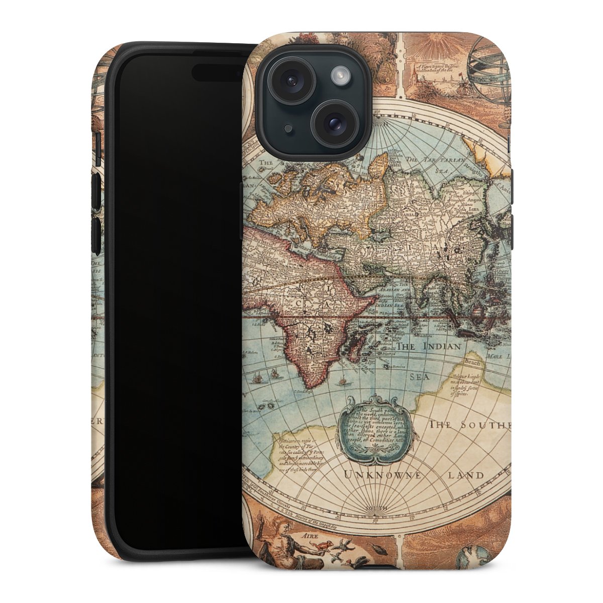 iPhone 15 Plus Handy Panzer Handyhülle robuste Outdoor Hülle Schutzhülle matt World Map Vintage Map Tough Case