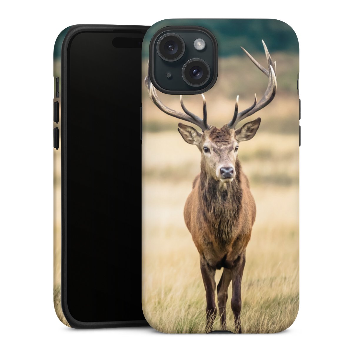 iPhone 15 Plus Handy Panzer Handyhülle robuste Outdoor Hülle Schutzhülle matt Deer Meadow Forrest Tough Case