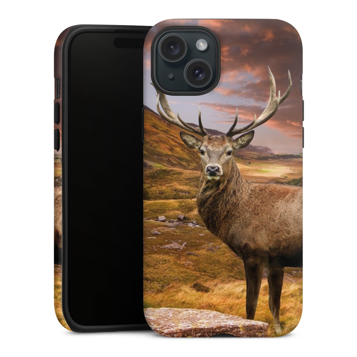 iPhone 15 Plus Handy Panzer Handyhülle robuste Outdoor Hülle Schutzhülle matt Meadow Mountain Deer Tough Case