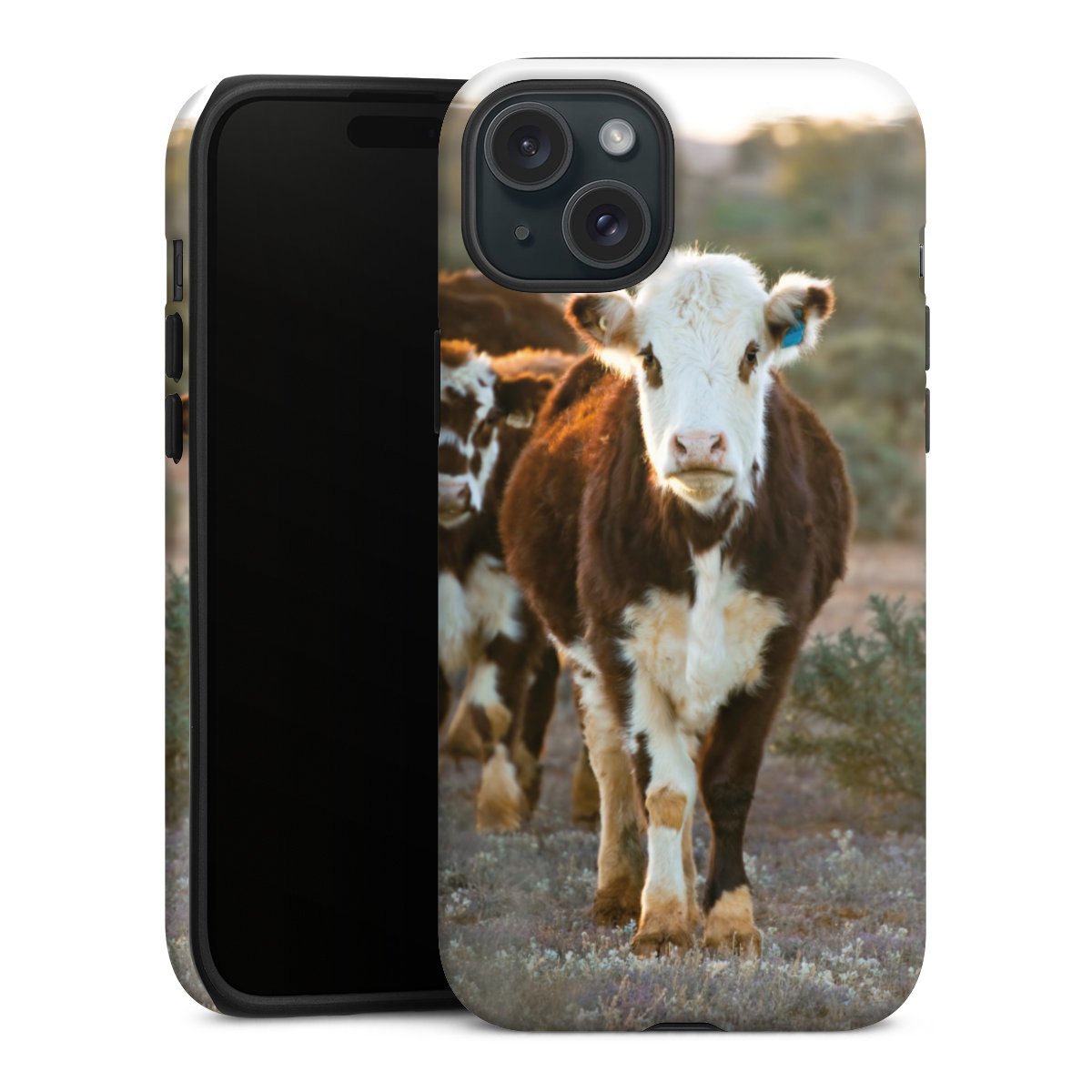 iPhone 15 Plus Handy Panzer Handyhülle robuste Outdoor Hülle Schutzhülle matt Cow Farmer Calf Tough Case