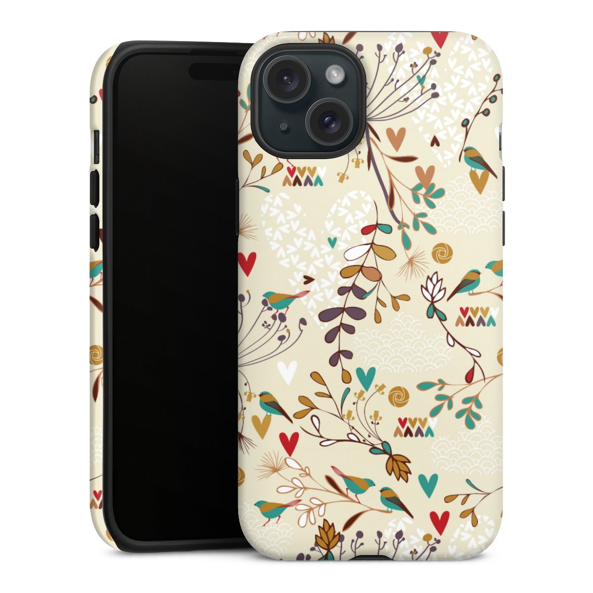 iPhone 15 Plus Handy Panzer Handyhülle robuste Outdoor Hülle Schutzhülle matt Bird Flowers Retro Tough Case