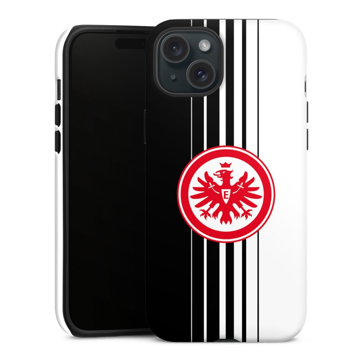 iPhone 15 Plus Handy Panzer Handyhülle robuste Outdoor Hülle Schutzhülle matt Stripes Eintracht Frankfurt Official Licensed Product Tough Case