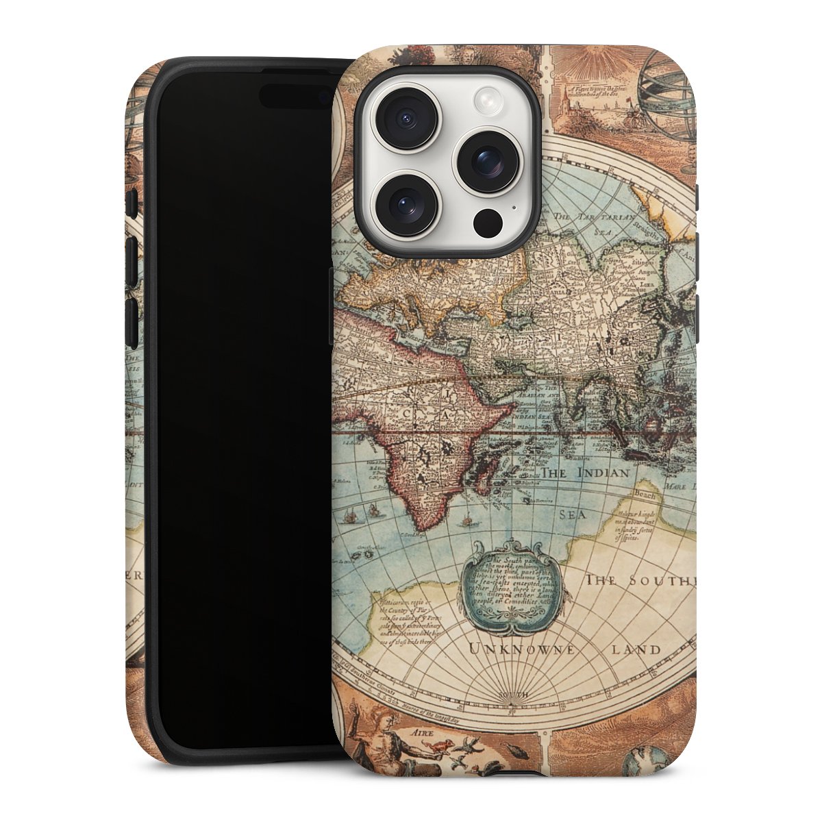 iPhone 15 Pro Max Handy Panzer Handyhülle robuste Outdoor Hülle Schutzhülle matt World Map Vintage Map Tough Case