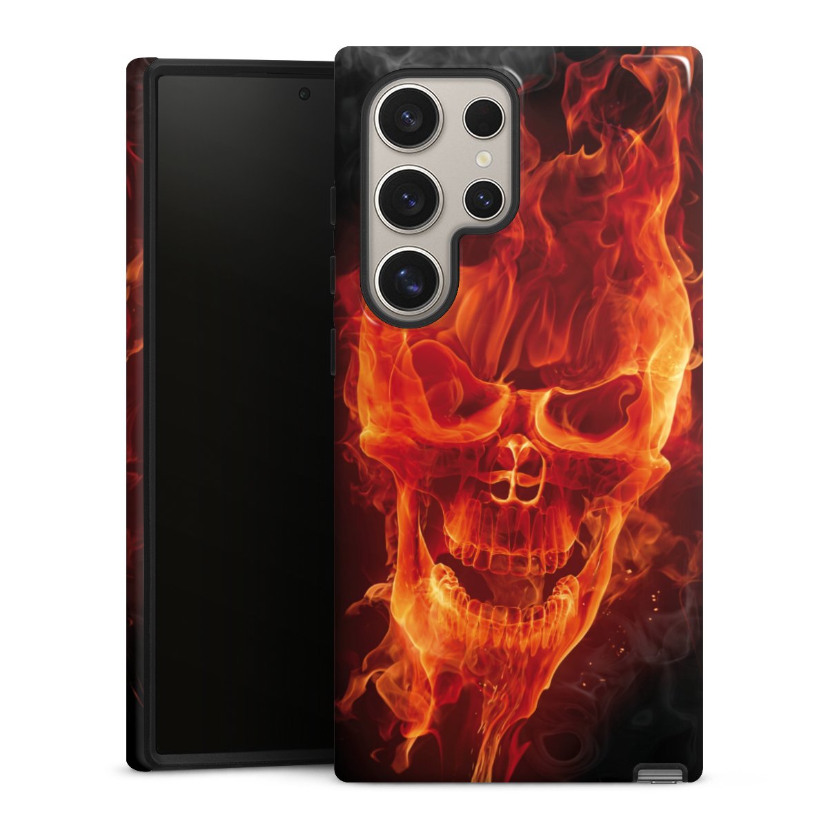 Galaxy S24 Ultra Handy Panzer Handyhülle robuste Outdoor Hülle Schutzhülle glänzend Totenkopf Skull Fire Tough Case