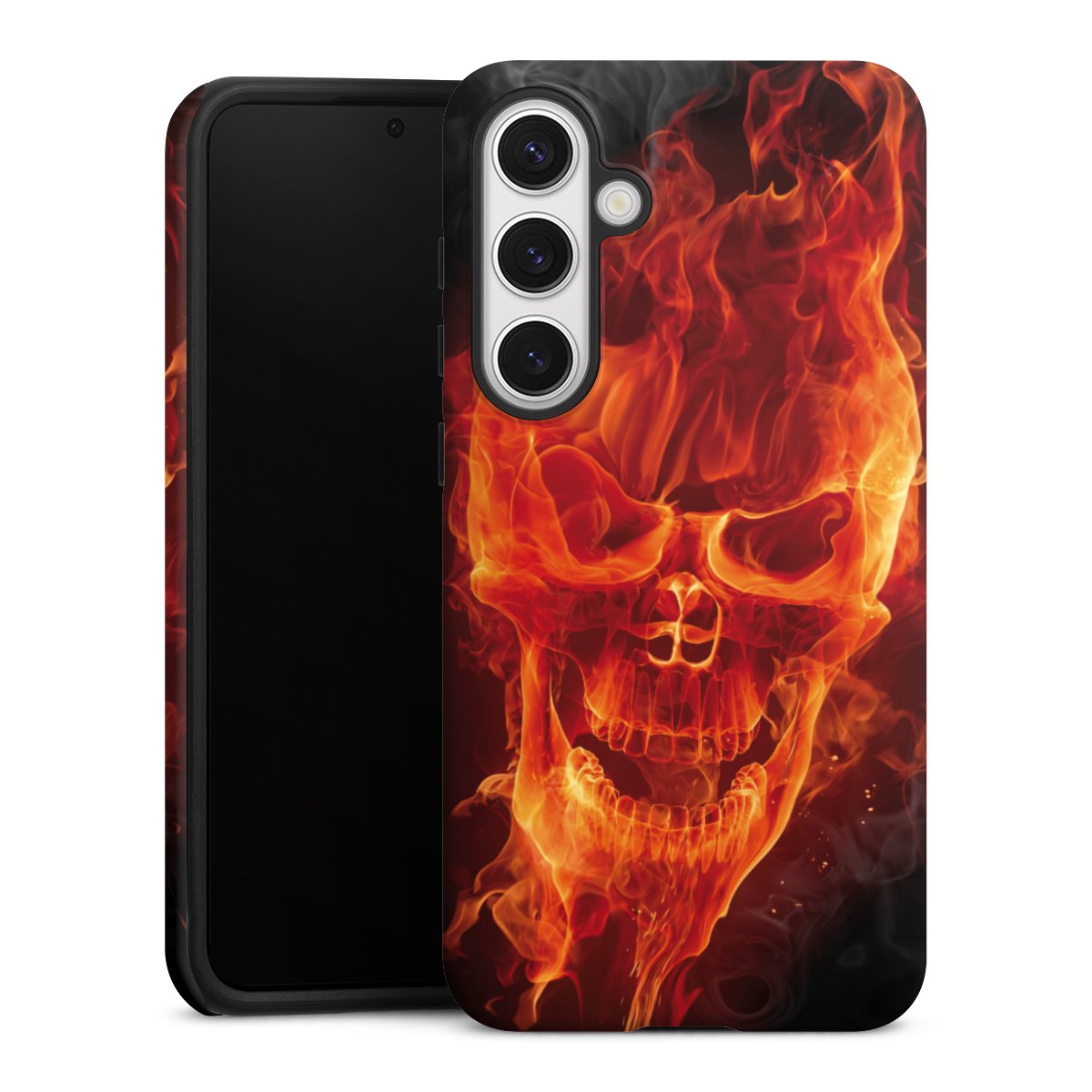 Galaxy S24+ Handy Panzer Handyhülle robuste Outdoor Hülle Schutzhülle matt Totenkopf Skull Fire Tough Case