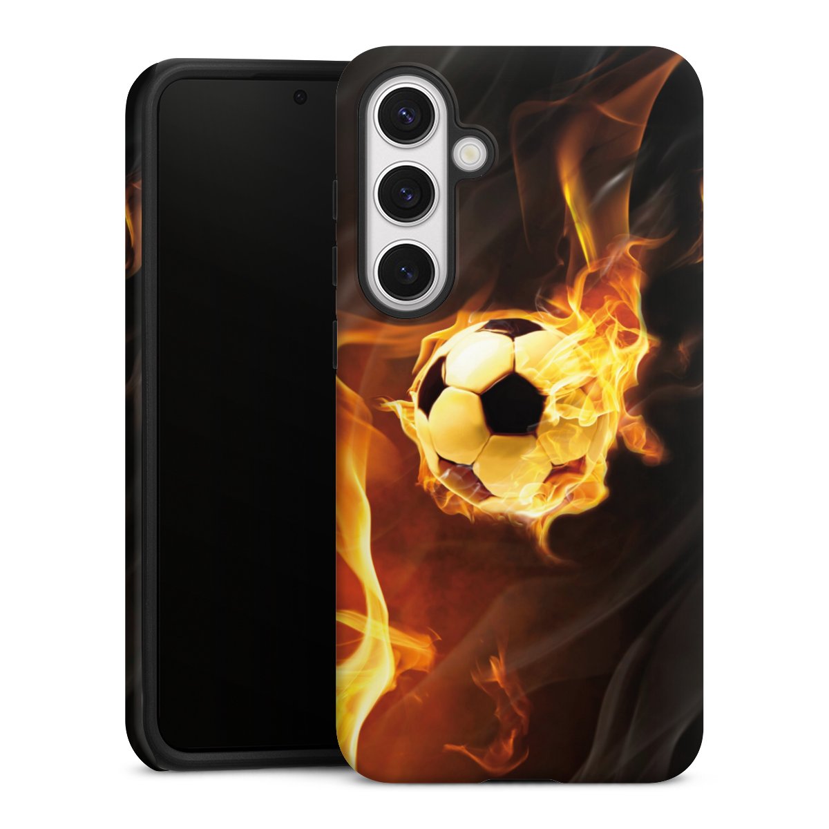 Galaxy S24+ Handy Panzer Handyhülle robuste Outdoor Hülle Schutzhülle matt Ball Fire Soccer Tough Case