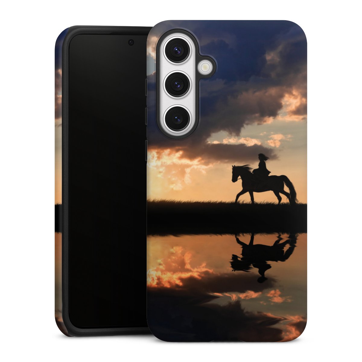 Galaxy S24+ Handy Panzer Handyhülle robuste Outdoor Hülle Schutzhülle matt Horse Sunset Horseback Riding Tough Case