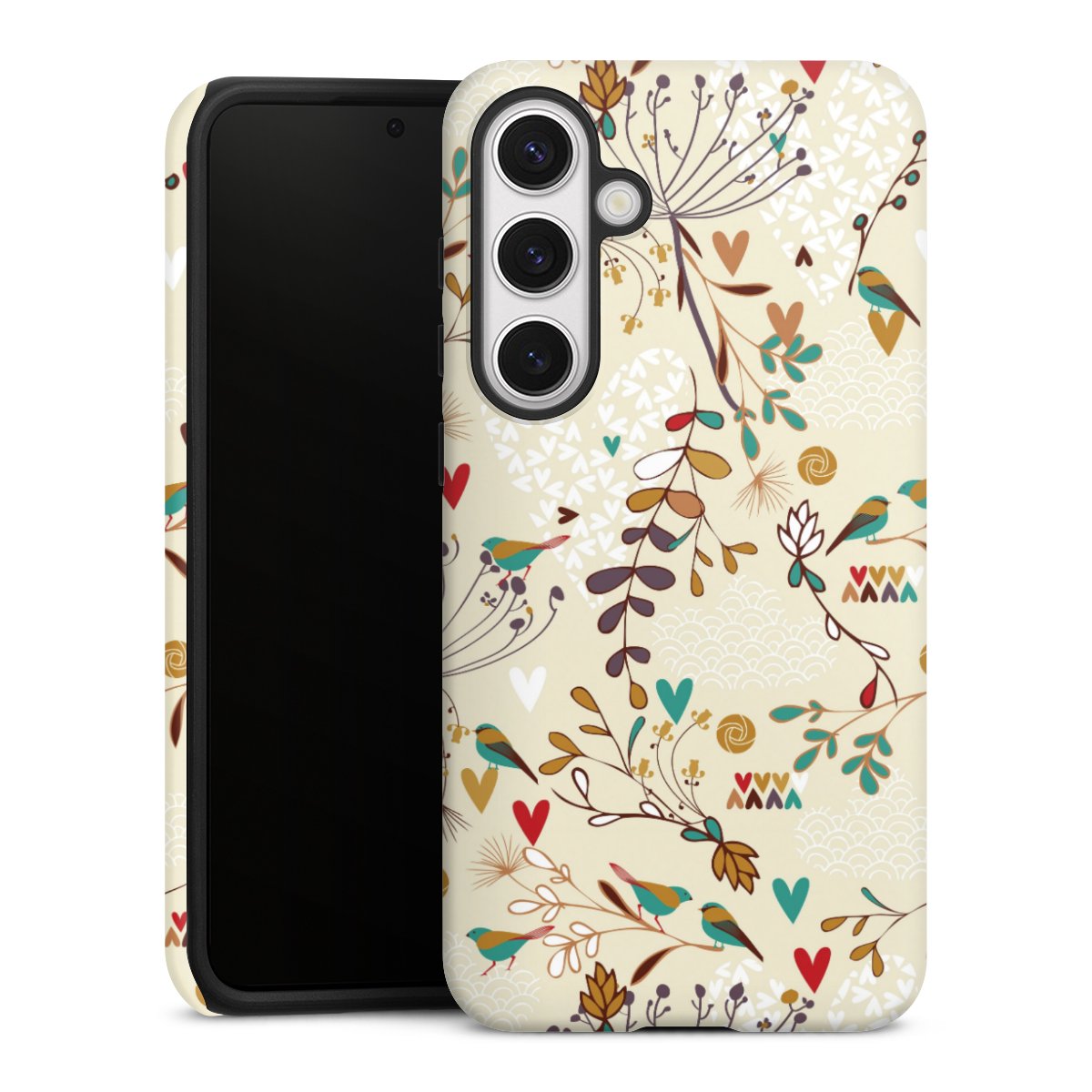 Galaxy S24+ Handy Panzer Handyhülle robuste Outdoor Hülle Schutzhülle matt Bird Flowers Retro Tough Case