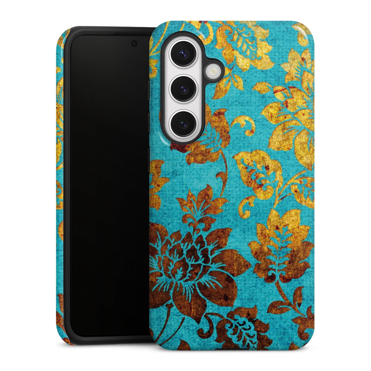 Galaxy S24 Handy Panzer Handyhülle robuste Outdoor Hülle Schutzhülle glänzend Ornament Vintage Flowers Tough Case