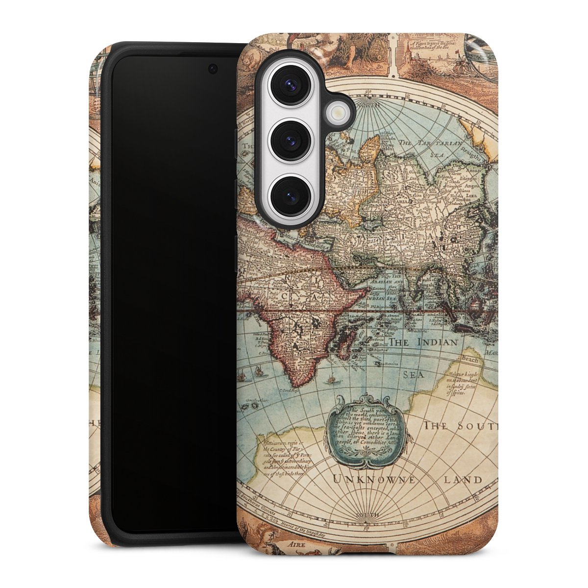 Galaxy S24 Handy Panzer Handyhülle robuste Outdoor Hülle Schutzhülle glänzend World Map Vintage Map Tough Case