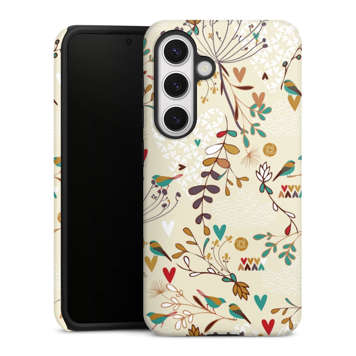 Galaxy S24 Handy Panzer Handyhülle robuste Outdoor Hülle Schutzhülle glänzend Bird Flowers Retro Tough Case