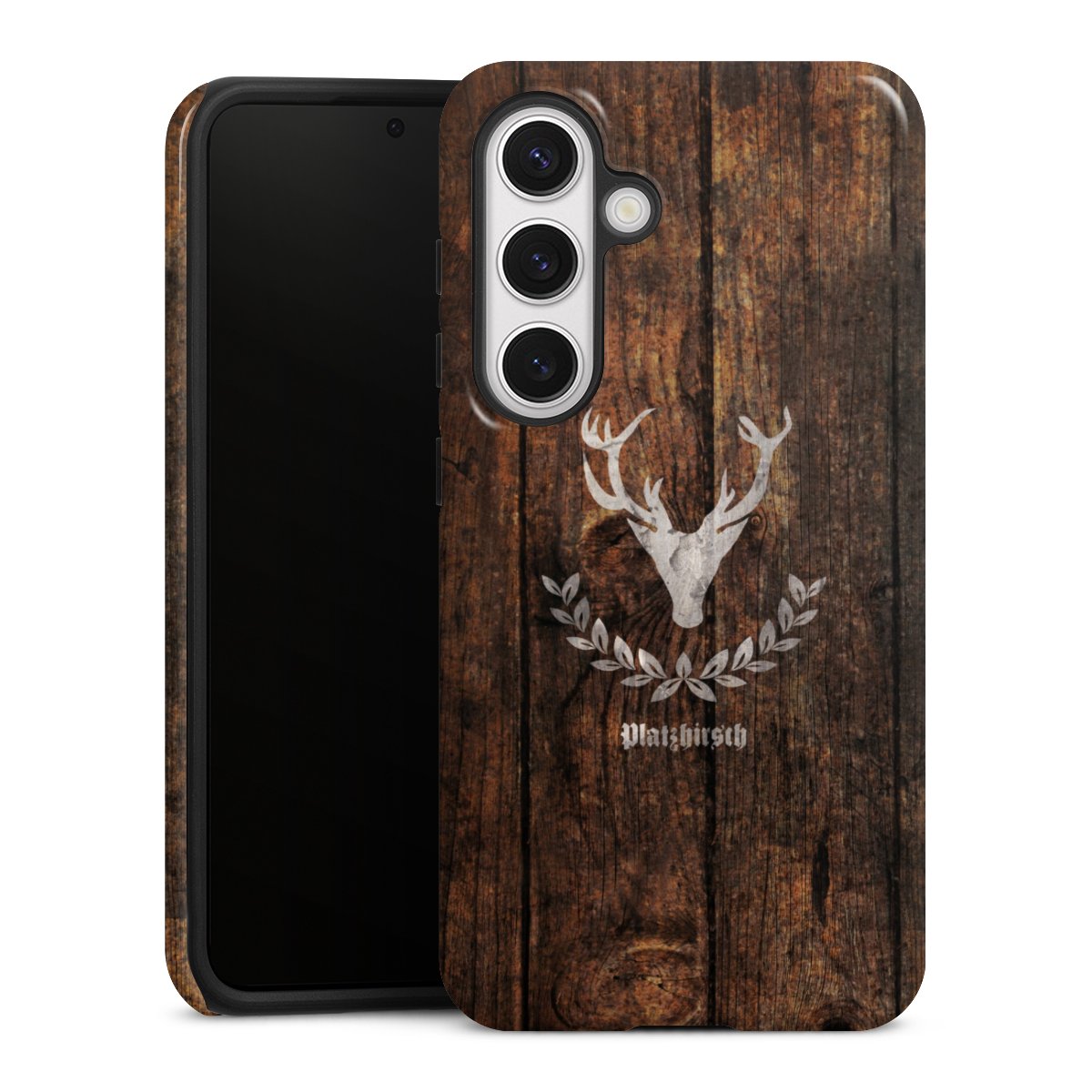 Galaxy S24 Handy Panzer Handyhülle robuste Outdoor Hülle Schutzhülle glänzend Deer Wood Wooden Look Tough Case