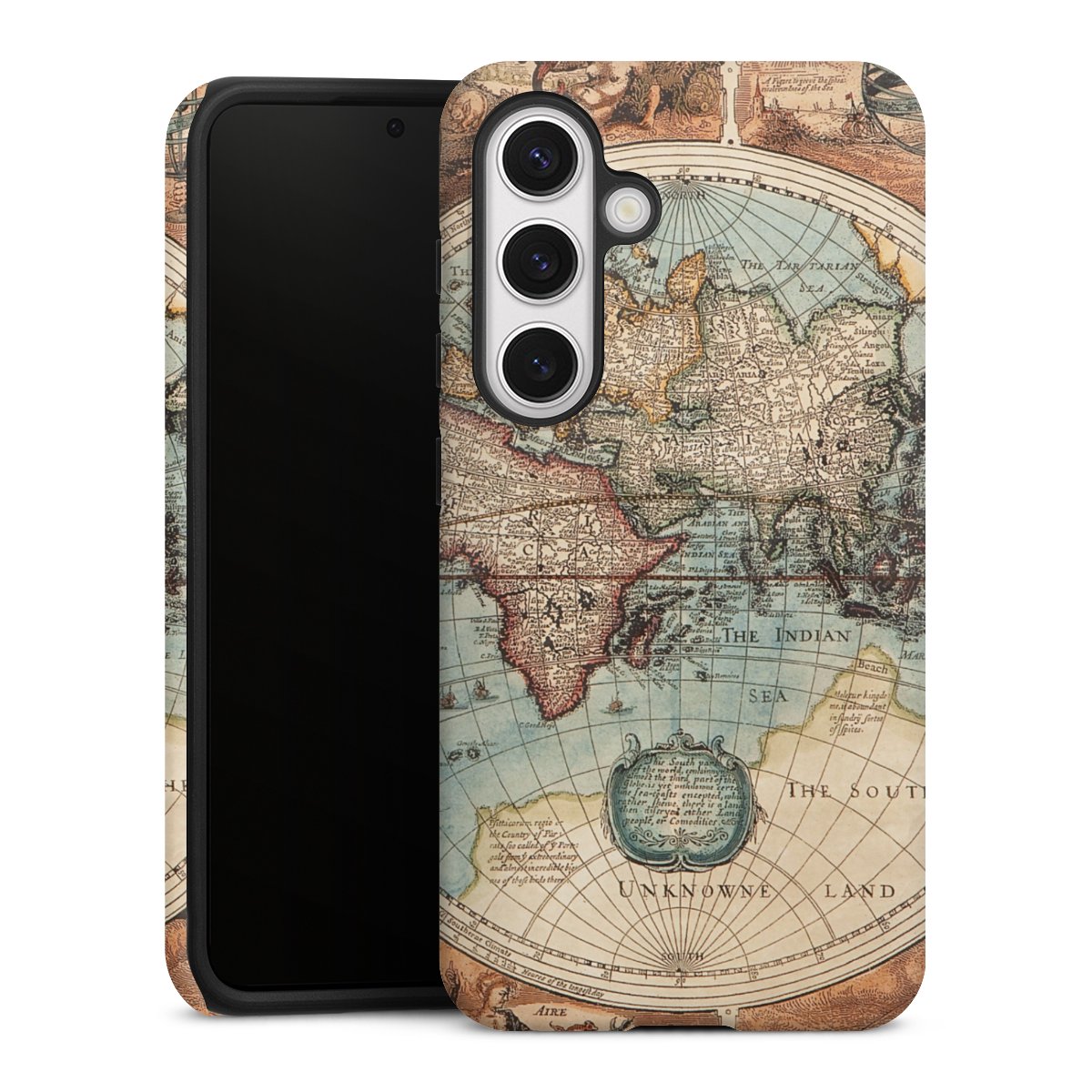 Galaxy S24 Handy Panzer Handyhülle robuste Outdoor Hülle Schutzhülle matt World Map Vintage Map Tough Case