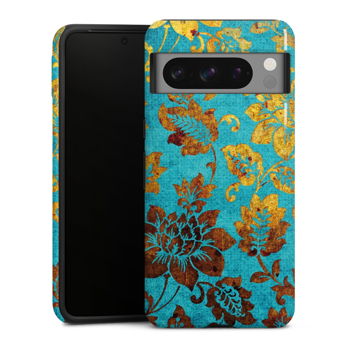 Google Pixel 8 Pro Handy Panzer Handyhülle robuste Outdoor Hülle Schutzhülle glänzend Ornament Vintage Flowers Tough Case