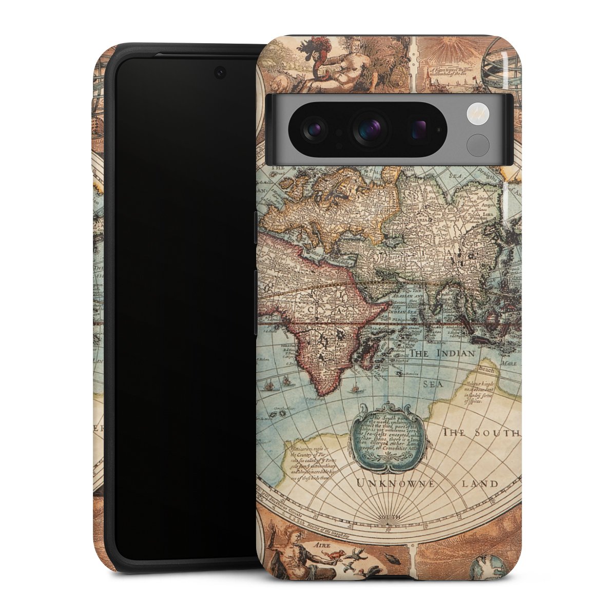 Google Pixel 8 Pro Handy Panzer Handyhülle robuste Outdoor Hülle Schutzhülle glänzend World Map Vintage Map Tough Case