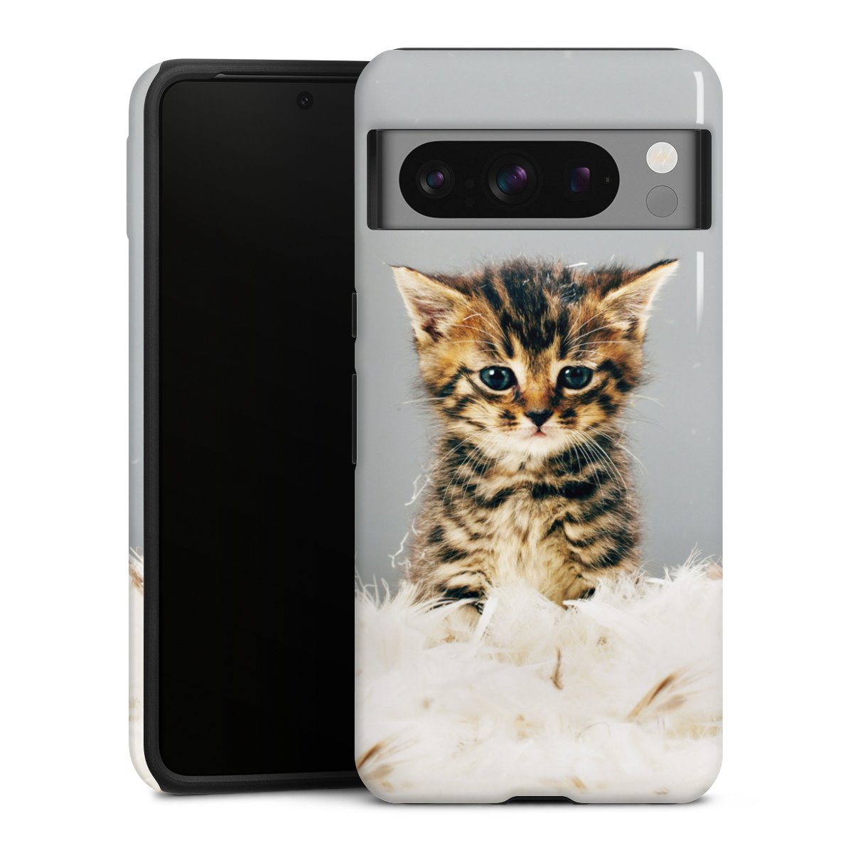 Google Pixel 8 Pro Handy Panzer Handyhülle robuste Outdoor Hülle Schutzhülle glänzend Cat Feather Pet Tough Case