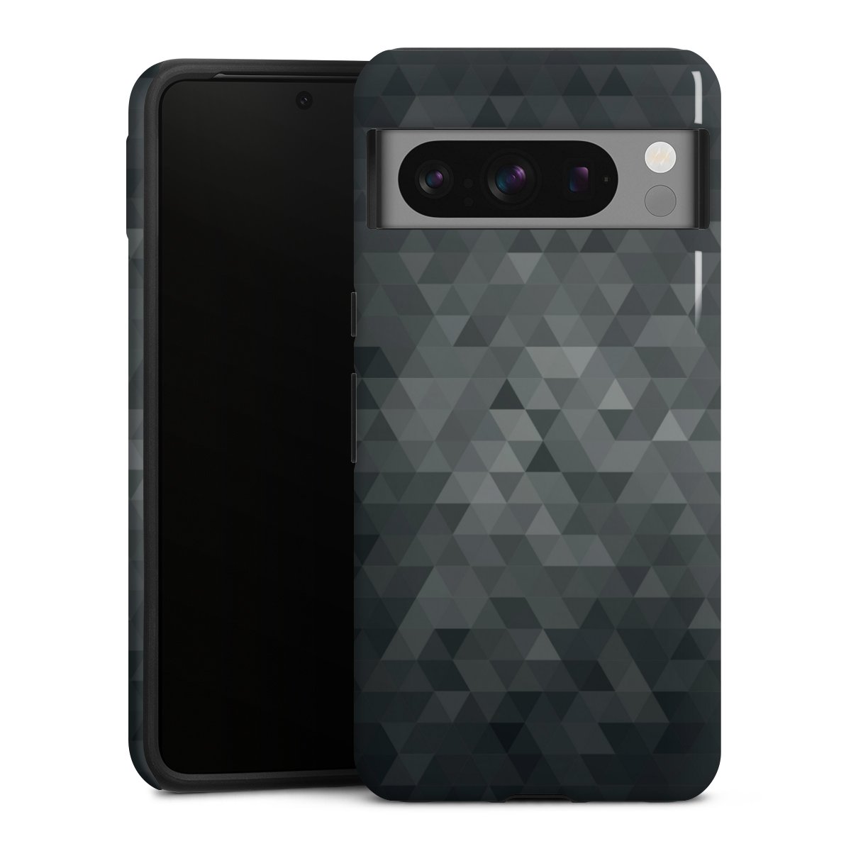 Google Pixel 8 Pro Handy Panzer Handyhülle robuste Outdoor Hülle Schutzhülle glänzend Black Triangle Muster Tough Case