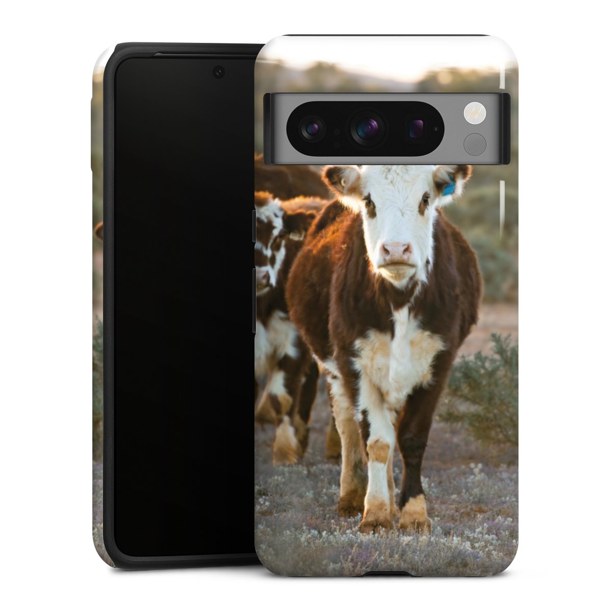 Google Pixel 8 Pro Handy Panzer Handyhülle robuste Outdoor Hülle Schutzhülle glänzend Cow Farmer Calf Tough Case