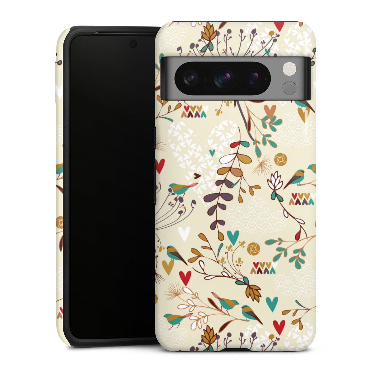 Google Pixel 8 Pro Handy Panzer Handyhülle robuste Outdoor Hülle Schutzhülle glänzend Bird Flowers Retro Tough Case