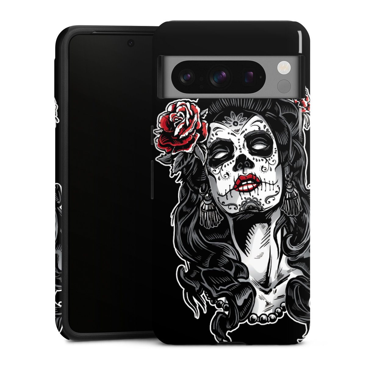 Google Pixel 8 Pro Handy Panzer Handyhülle robuste Outdoor Hülle Schutzhülle glänzend Totenkopf Día De Los Muertos Rock 'N' Roll Tough Case