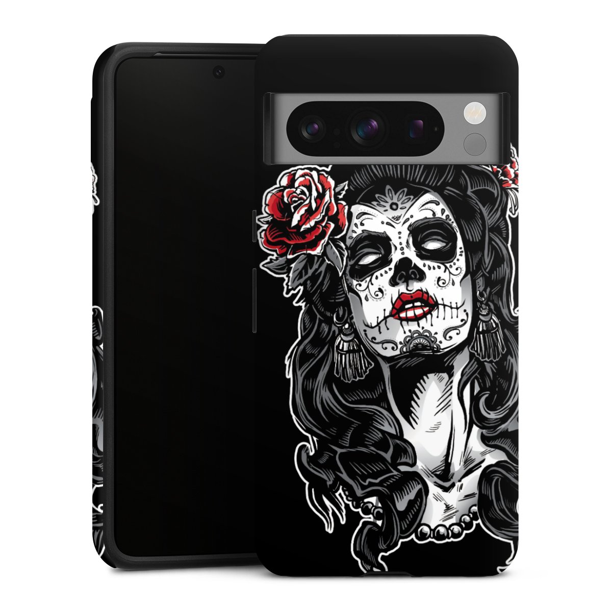 Google Pixel 8 Pro Handy Panzer Handyhülle robuste Outdoor Hülle Schutzhülle matt Totenkopf Día De Los Muertos Rock 'N' Roll Tough Case