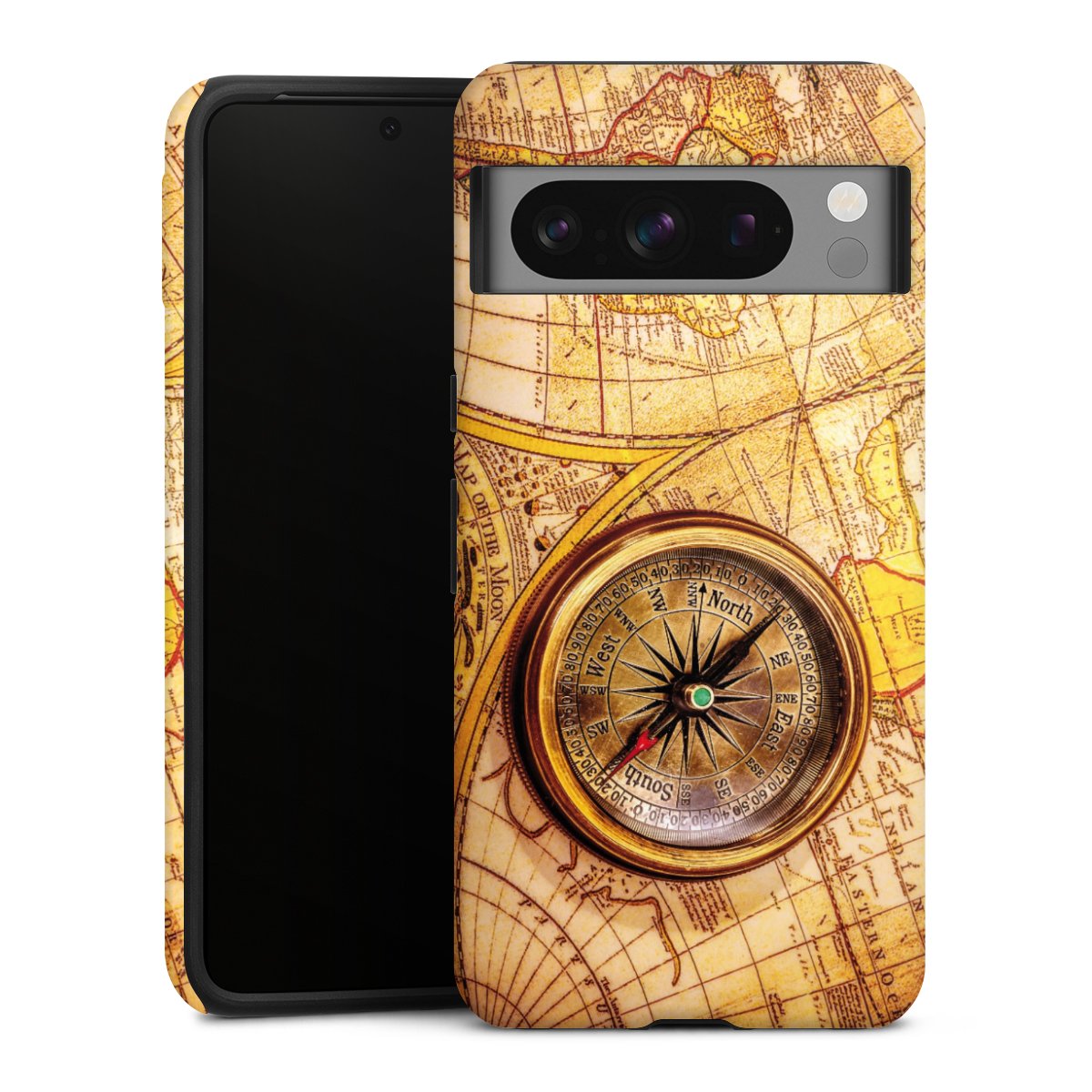 Google Pixel 8 Pro Handy Panzer Handyhülle robuste Outdoor Hülle Schutzhülle matt World Map Map Compass Tough Case