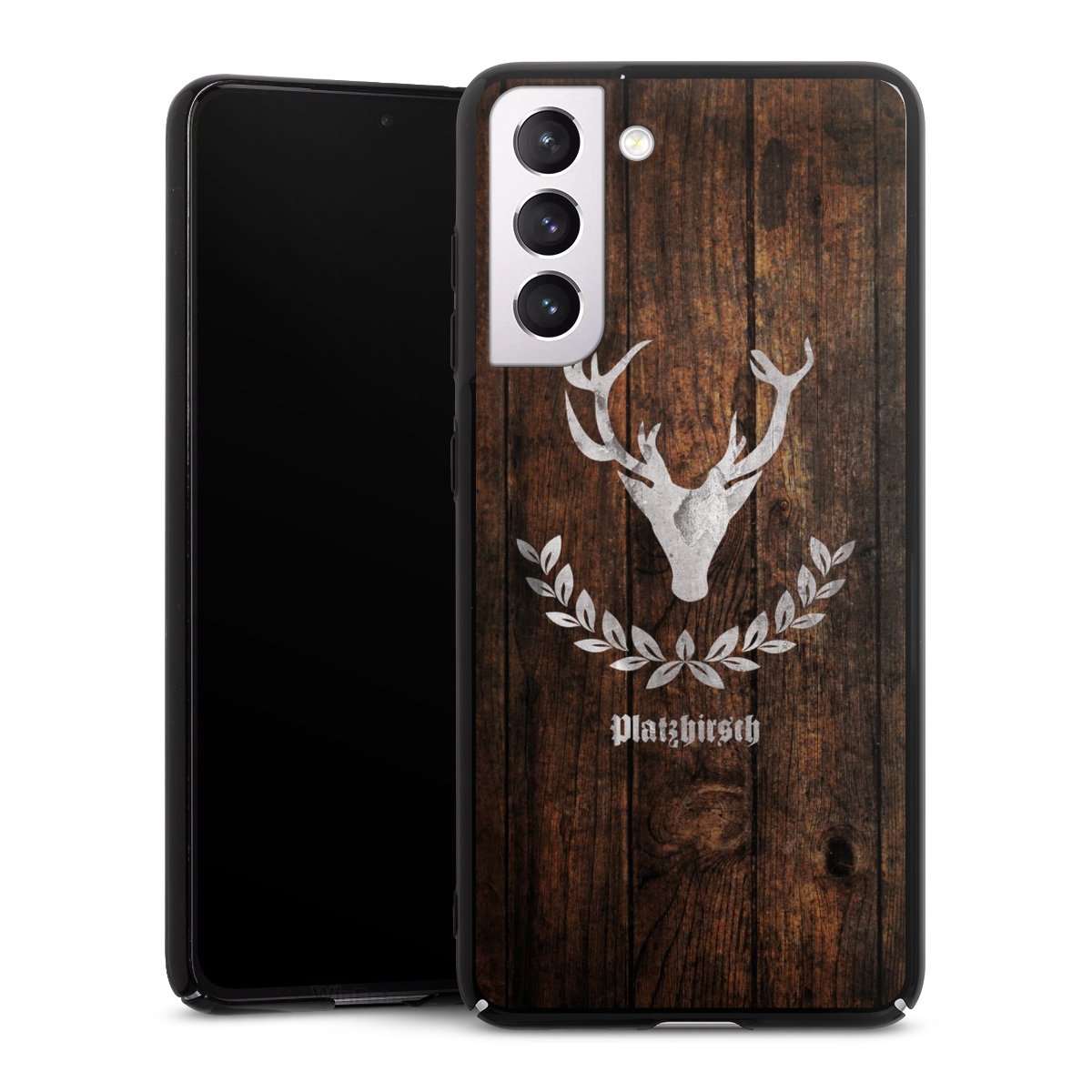 Galaxy S21 FE 5G Handy Hard Case Schutzhülle schwarz Smartphone Backcover Deer Wood Wooden Look Hard Case