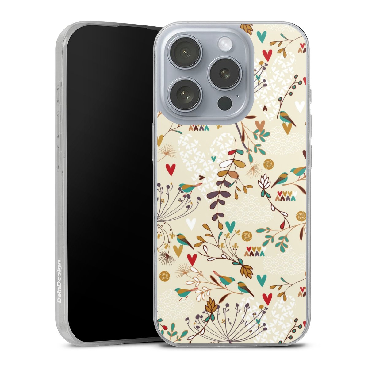 iPhone 16 Pro Handy Slim Case extra dünn Silikon Handyhülle transparent Hülle Bird Flowers Retro Silikon Slim Case