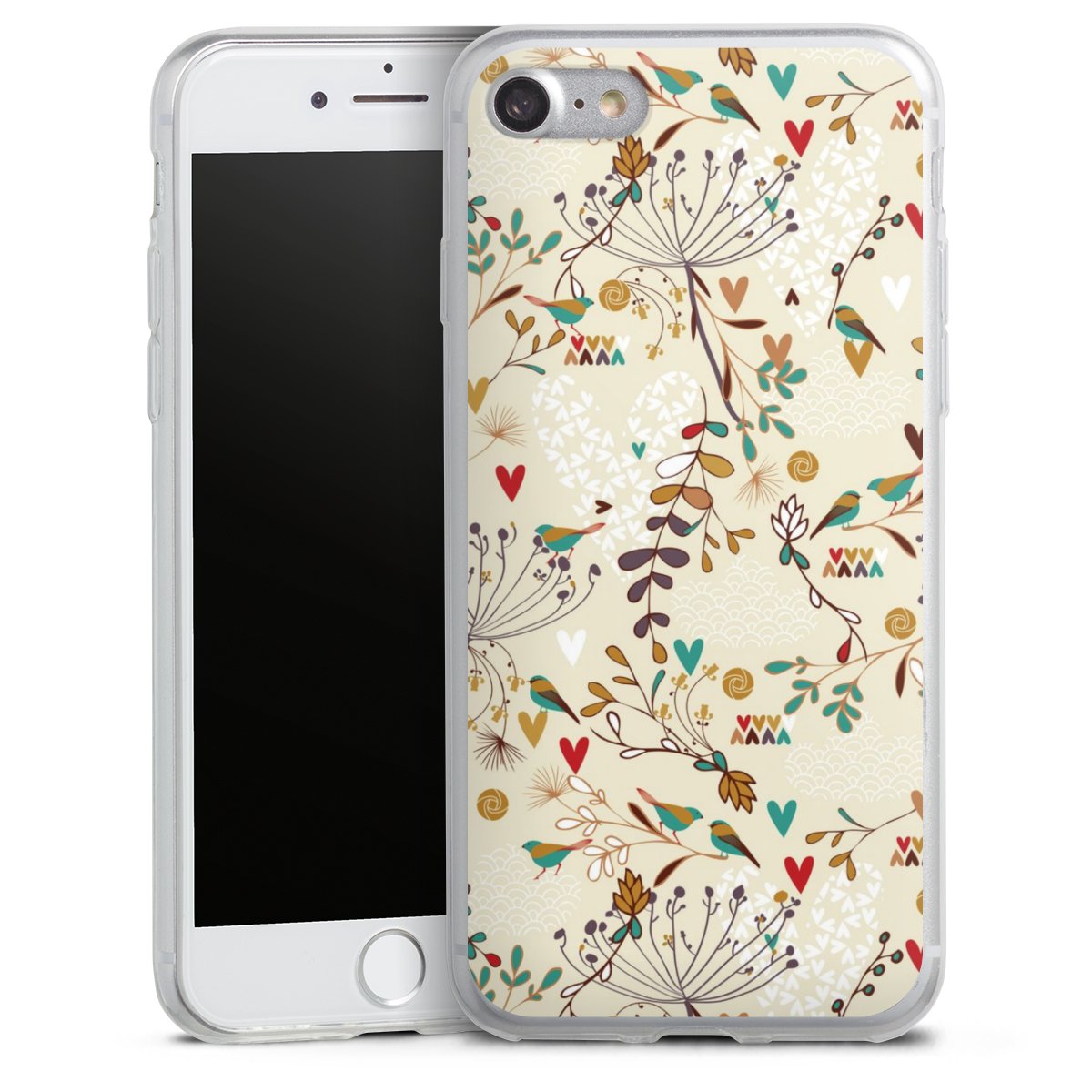 iPhone SE (2020) Handy Slim Case extra dünn Silikon Handyhülle transparent Hülle Bird Flowers Retro Silikon Slim Case