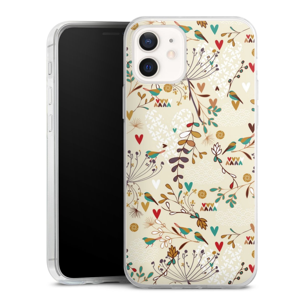 iPhone 12 Handy Slim Case extra dünn Silikon Handyhülle transparent Hülle Bird Flowers Retro Silikon Slim Case