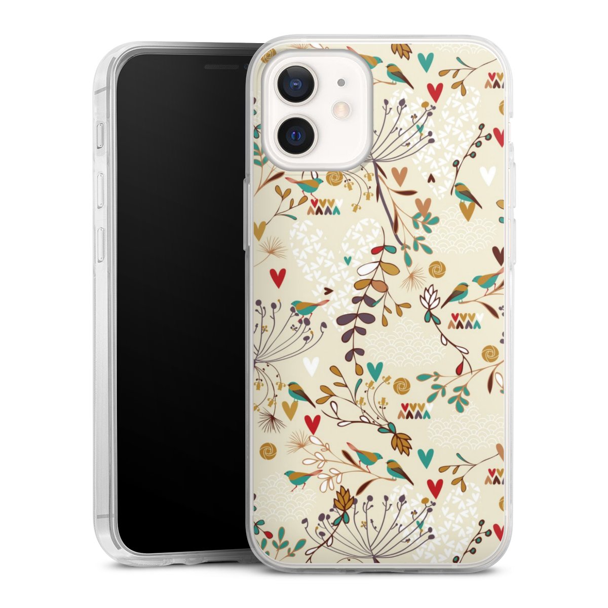 iPhone 12 mini Handy Slim Case extra dünn Silikon Handyhülle transparent Hülle Bird Flowers Retro Silikon Slim Case