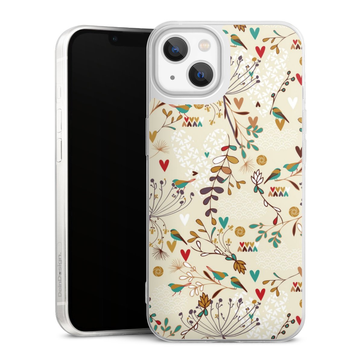 iPhone 13 Handy Slim Case extra dünn Silikon Handyhülle transparent Hülle Bird Flowers Retro Silikon Slim Case