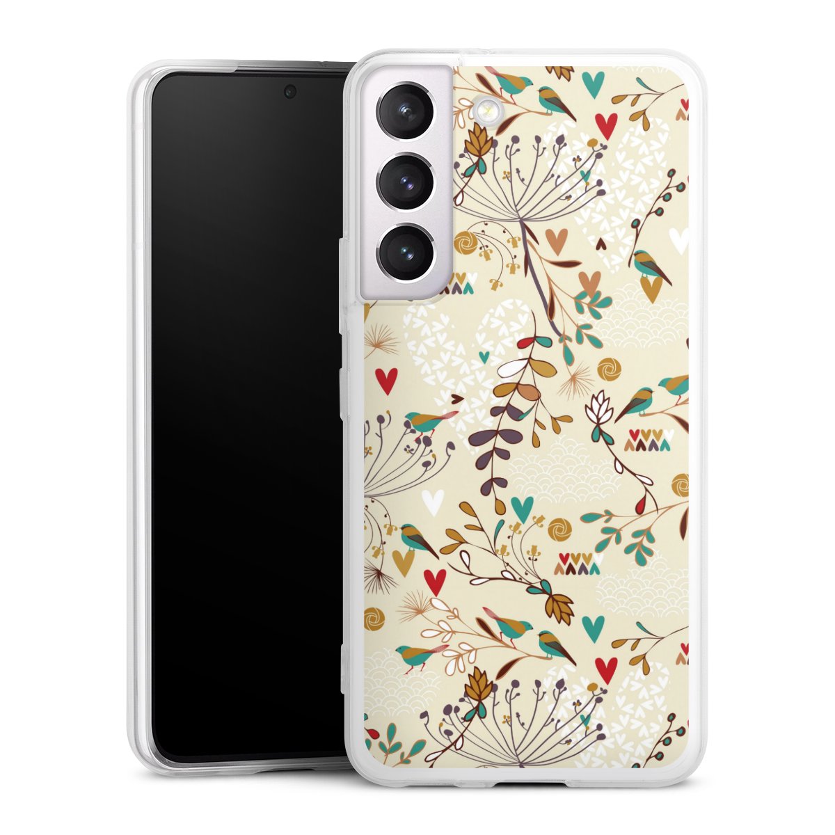 Galaxy S22 Handy Slim Case extra dünn Silikon Handyhülle transparent Hülle Bird Flowers Retro Silikon Slim Case