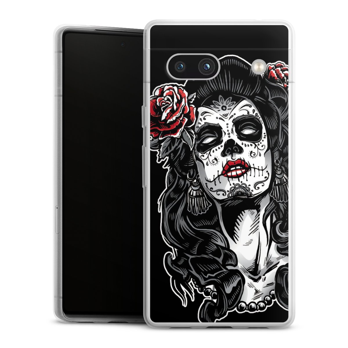 Google Pixel 7a Handy Slim Case extra dünn Silikon Handyhülle transparent Hülle Totenkopf Día De Los Muertos Rock 'N' Roll Silikon Slim Case