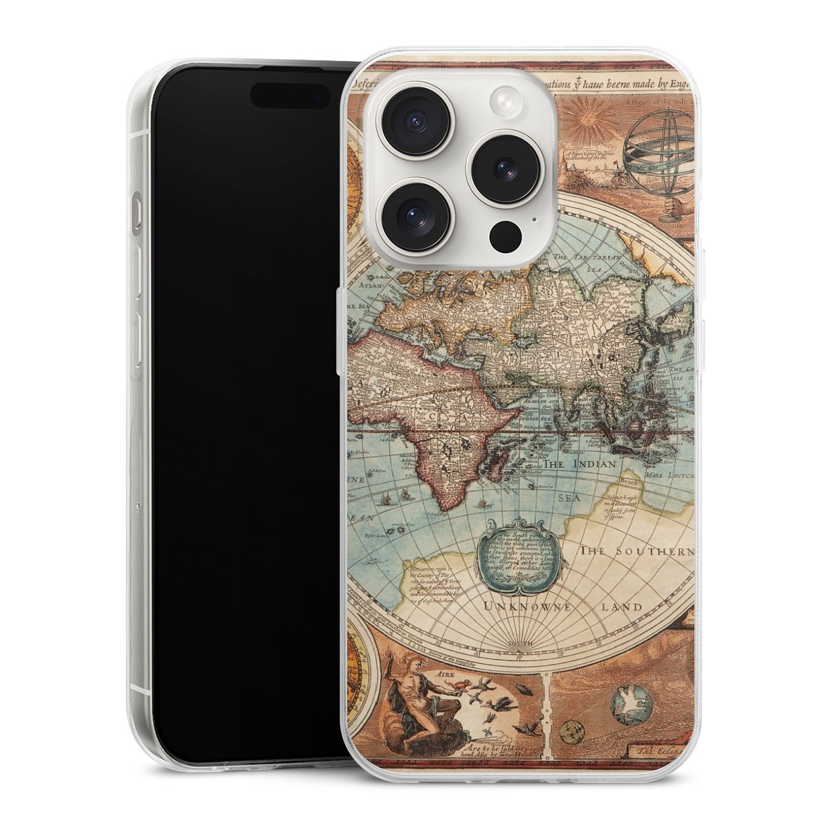 iPhone 15 Pro Handy Slim Case extra dünn Silikon Handyhülle transparent Hülle World Map Vintage Map Silikon Slim Case