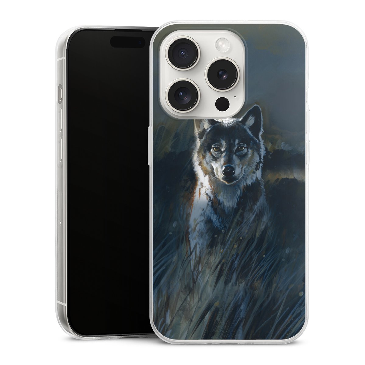 iPhone 15 Pro Handy Slim Case extra dünn Silikon Handyhülle transparent Hülle Nature Wolf Painting Silikon Slim Case