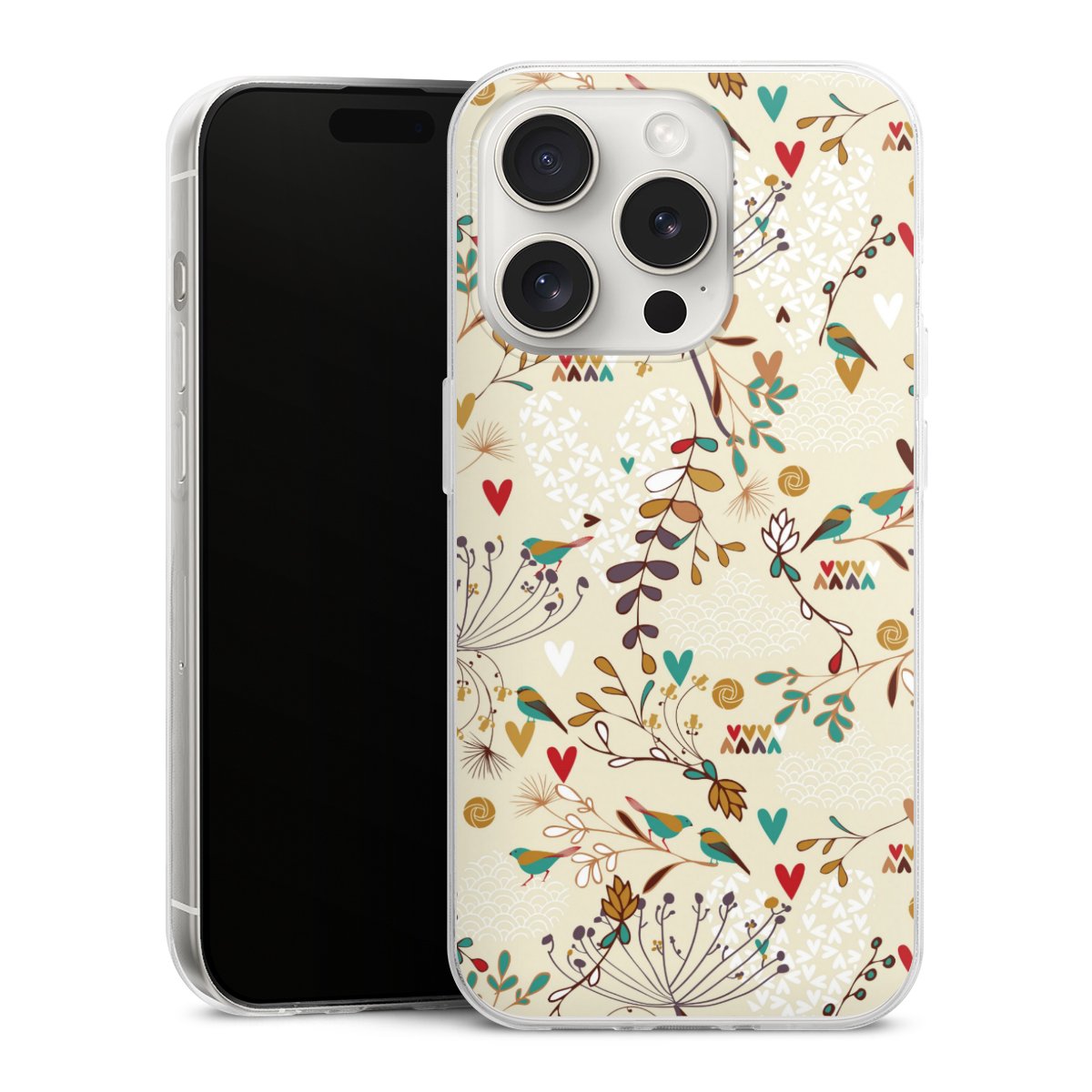 iPhone 15 Pro Handy Slim Case extra dünn Silikon Handyhülle transparent Hülle Bird Flowers Retro Silikon Slim Case