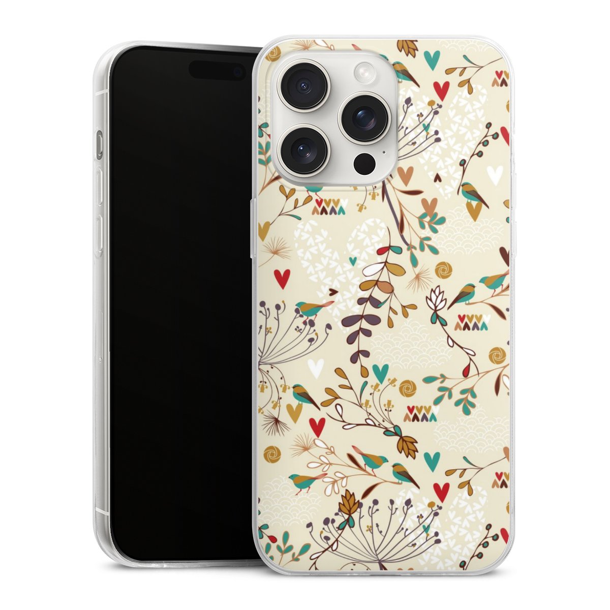 iPhone 15 Pro Max Handy Slim Case extra dünn Silikon Handyhülle transparent Hülle Bird Flowers Retro Silikon Slim Case