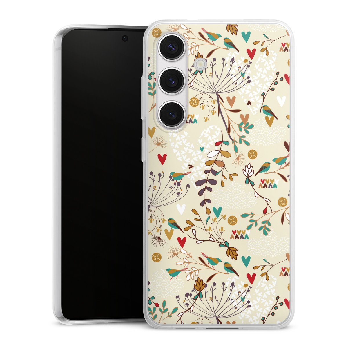 Galaxy S24 Handy Slim Case extra dünn Silikon Handyhülle transparent Hülle Bird Flowers Retro Silikon Slim Case